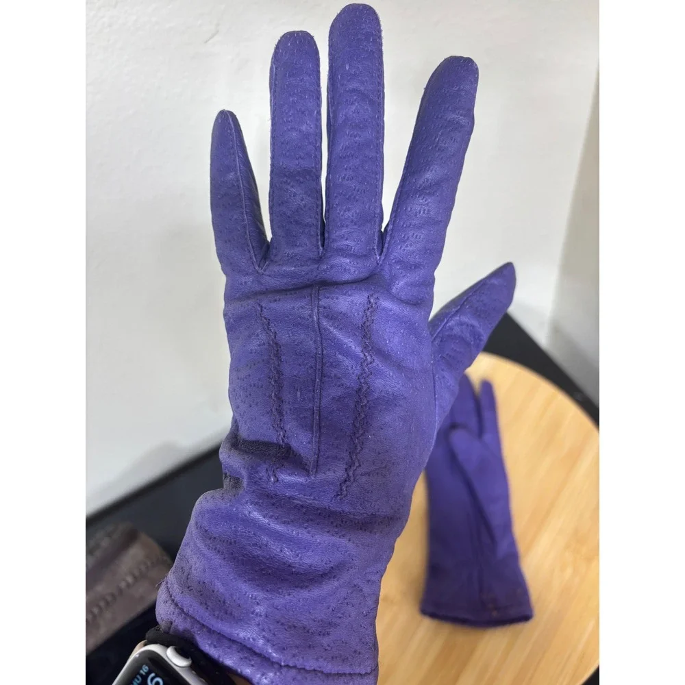 Fownes Gloves 6.5 Vintage Genuine Leather Purple Knit Lined Stitched Detail